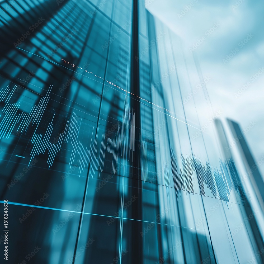 Aufkleber a striking modern cityscape featuring a glass building with financial data visualizations overlaying