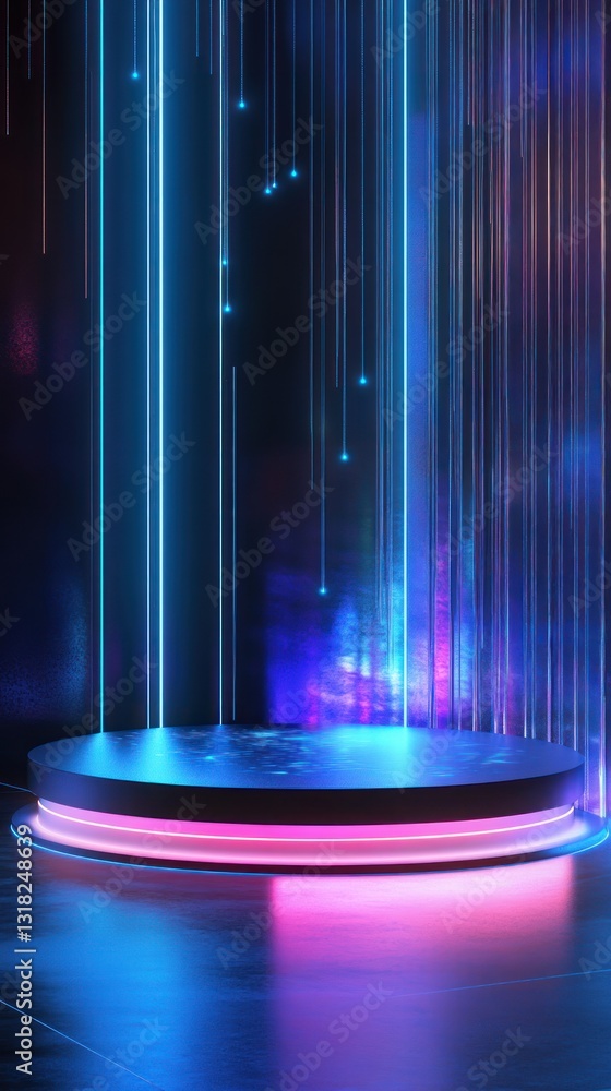 Poster futuristic platform illuminated by neon lights in a cyberpunk arena for tech product display and dig