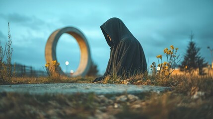 Fototapeta premium Mysterious Hooded Figure Contemplating at Dusk