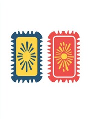Two decorative rectangular shapes, one yellow and one red, each with a radiating sunburst design