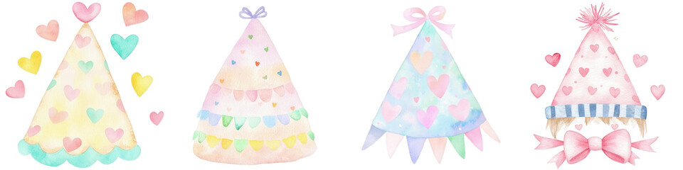Colorful Party Hats with Hearts and Ribbons in Soft Pastel Tones