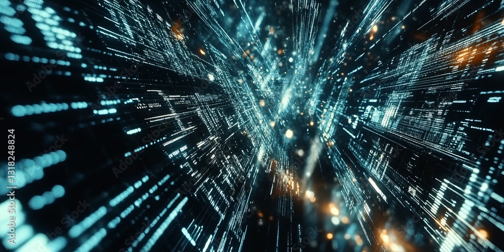 Poster abstract digital data stream with blue light effects and depth