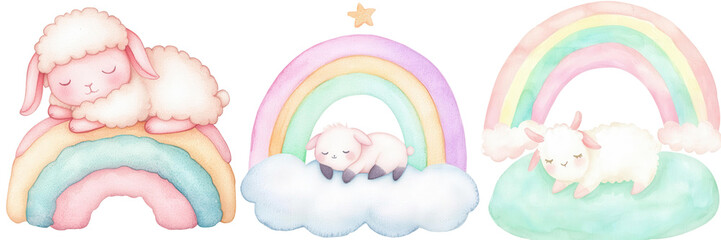 Fototapeta premium Soft Pastel Sheep and Rainbows in Dreamy Watercolor Art Style