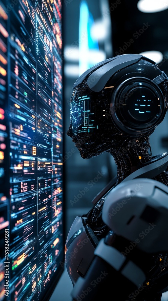 Poster futuristic robot analyzing data streams in a high-tech environment with neon lights