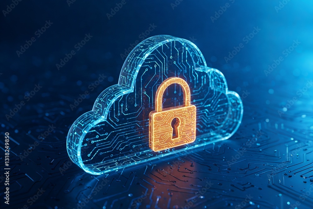 Poster cloud security: padlock icon on cloud with circuit pattern