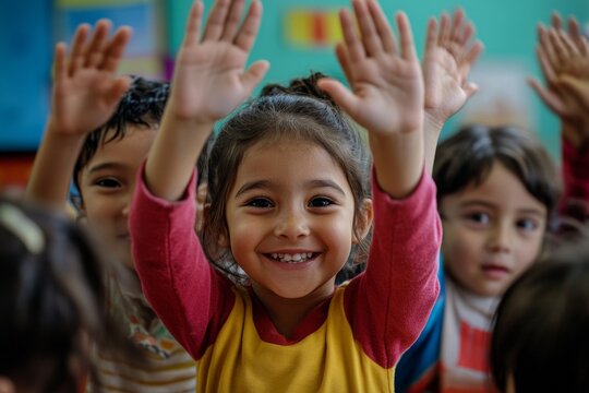 Happy diverse multiethnic kids junior school students group giving high five together in classroom. Excited children celebrating achievements, teamwork, diversity and friendship with highfive - Powered by Adobe