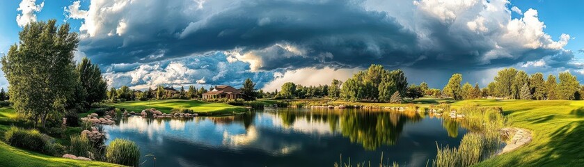 Obraz premium Scenic Golf Course Landscape with Reflections and Dramatic Clouds