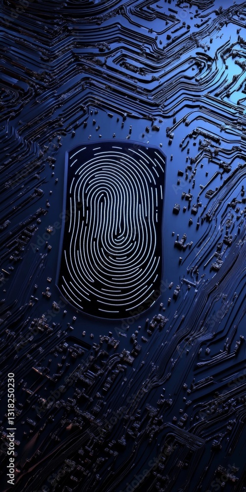 Poster abstract fingerprint design on circuit board background in blue color scheme