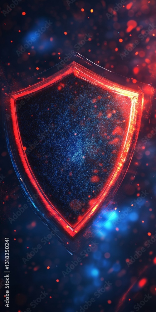 Poster futuristic shield symbol with glowing blue and red particles in abstract background design
