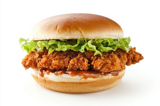 Crispy chicken burger on a white background featuring golden bun lettuce and savory sauce closeup