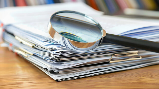Close-up of a magnifying glass over a stack of official documents on a wooden desk, symbolizing scrutiny and transparency in legal or investigative processes.