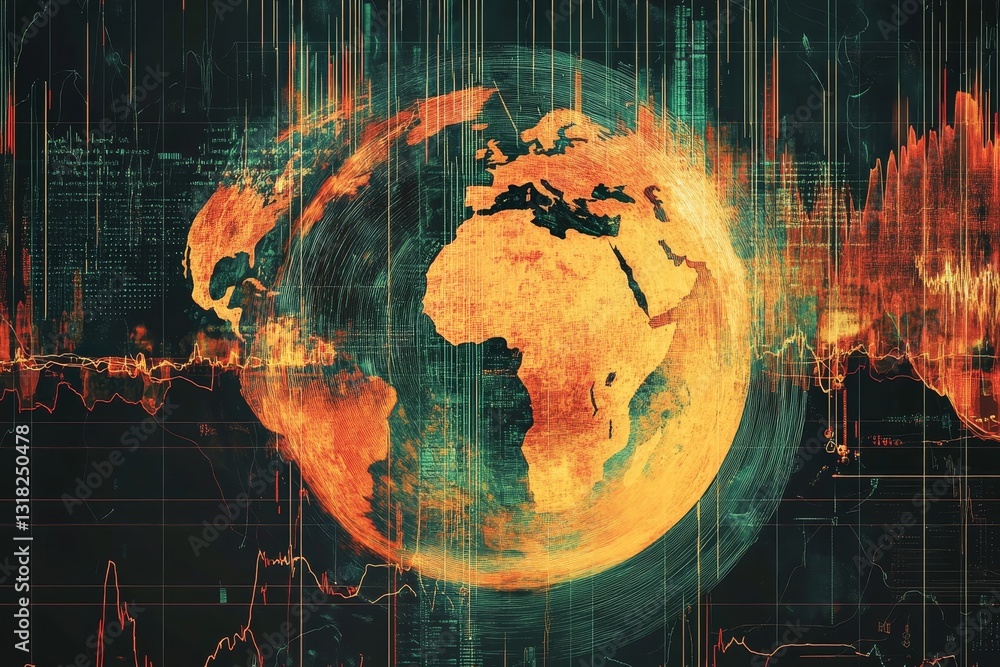 Poster this vibrant digital artwork depicts a globe of the earth overlain with intricate data patterns, sym
