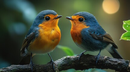 Two vibrant birds perched on a branch, engaging in a lively interaction amidst a lush, blurred background