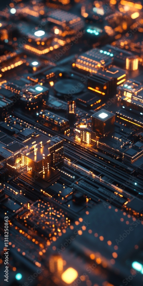 Poster futuristic abstract circuit board with glowing orange lights and complex patterns in dark background