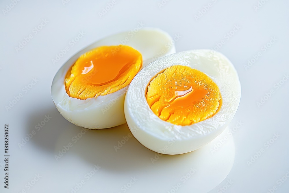 Poster two vibrant halved boiled eggs on bright white surface showcasing their yolks and shells studio shot