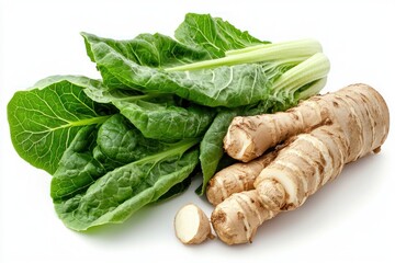 Fresh Collard Greens and Galangal Roots on Clean White Background Close Up Capturing Vibrant Color and Natural Texture