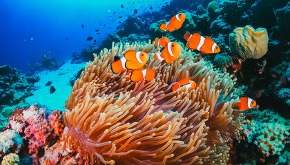 Obraz premium Close up of A family of cute Clownfish in their home on a tropical coral reef,clownfish on reef ai generated