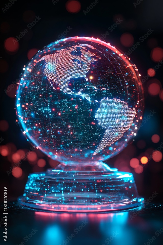 Poster glowing crystal globe capturing vibrant light patterns at night with abstract design