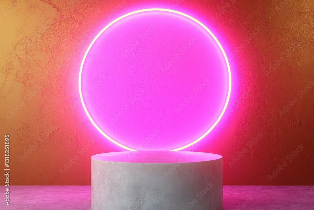 Poster 3d render, abstract neon light background with geometric circle shapes and a podium for product pres