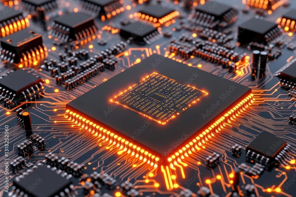 Poster 3D rendering of a glowing computer chip