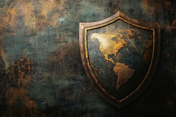 Fototapeta premium Explore a captivating vintage shield featuring a golden world map on a textured background. Ideal for themes of protection, adventure, and history.