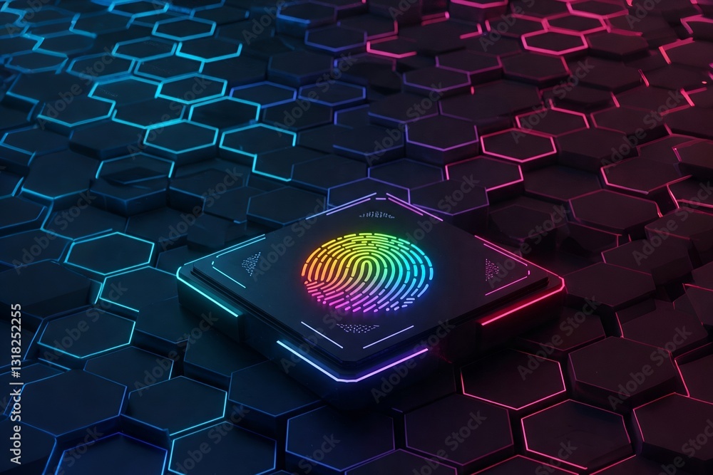 Poster a glowing hexagonal pattern surrounds a central, colorful light-emitting microchip on a dark surface