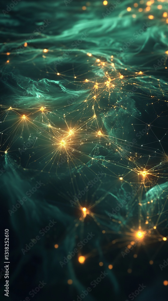 Poster this abstract digital background features glowing lines and particles on a fluid surface. the image 