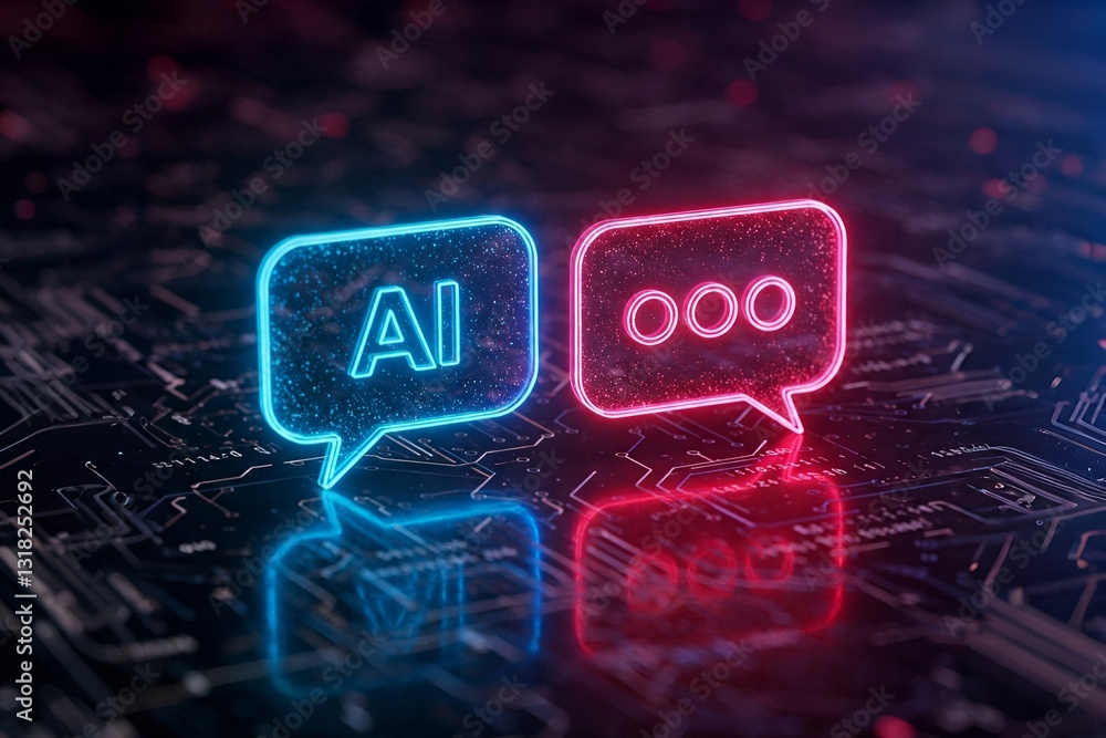 Poster neon chat bubbles representing ai and messaging, set against a dark, circuit-like background.