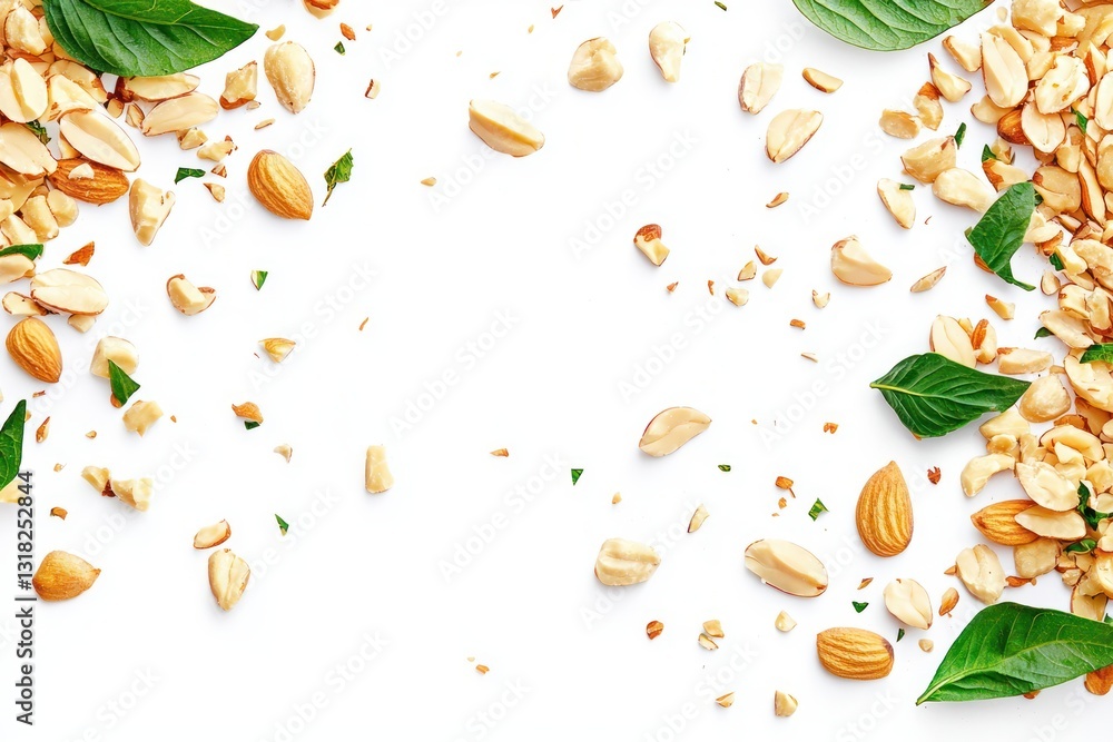Poster minimalist layout with almonds and basil leaves on a white background in flat lay style for stock ph