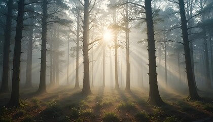 Naklejka premium Golden Sunlight Streaming Through Trees with Morning Mist Creating a Serene and Enchanting Forest Scene