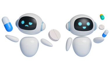 AI robot character 3D graphics floating pill in the air