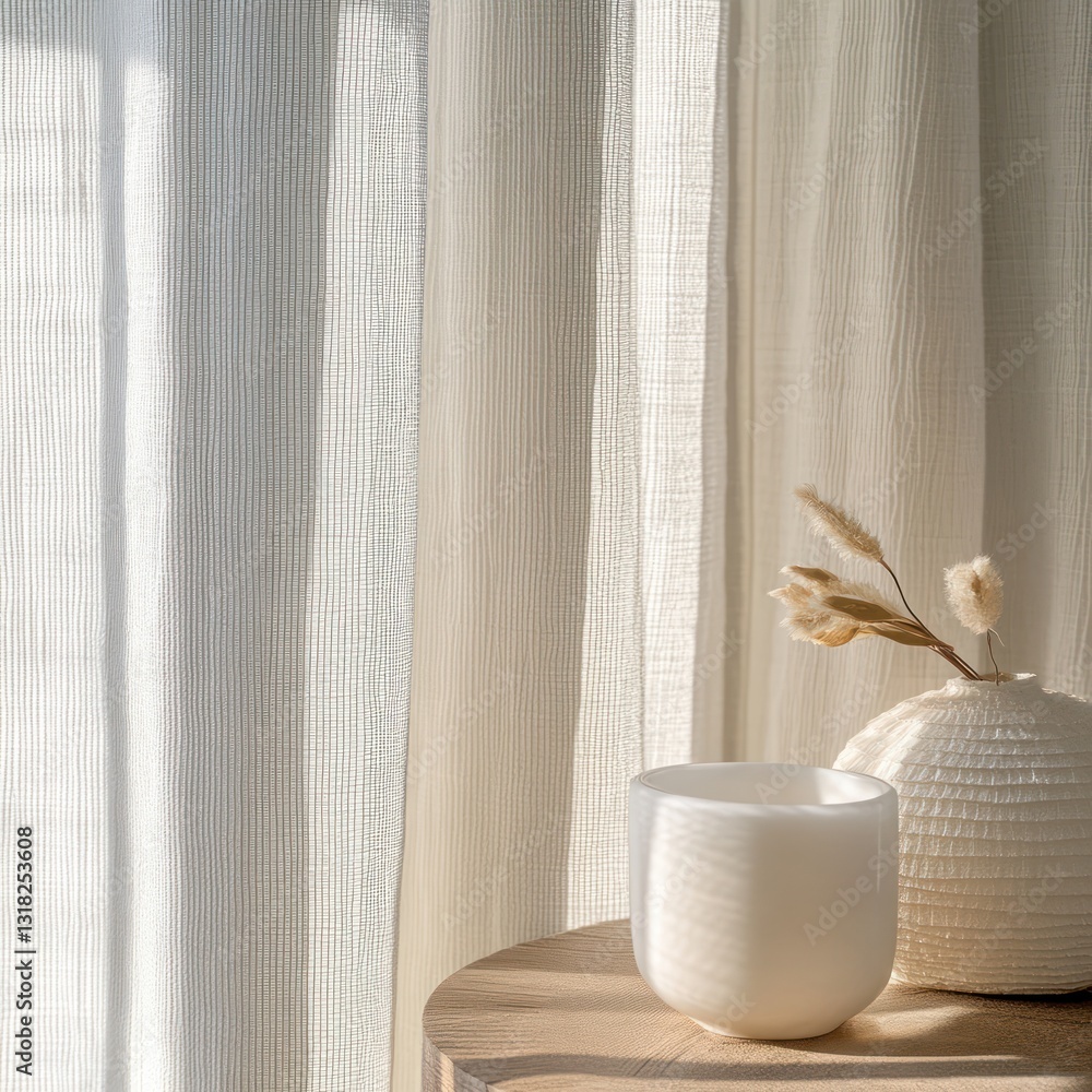 Poster serene morning light streams through sheer curtains creating a calm ambiance with neutral tones on a