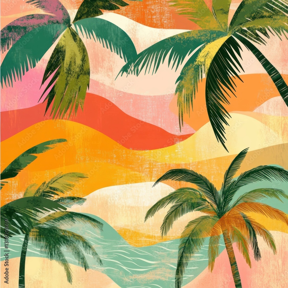 Aufkleber vivid tropical canvas with artistic palm trees against warm sunset hues creating an inviting mood