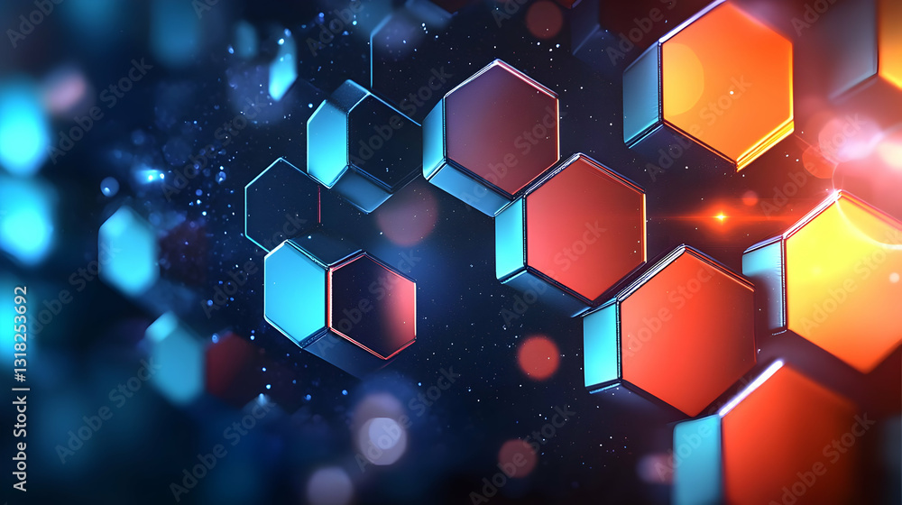 Poster abstract 3d render of hexagon structure in blue orange hues with bokeh and light effects