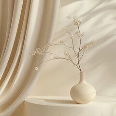 Serene botanical arrangement featuring delicate white blossoms in a vase against a soft beige backdrop