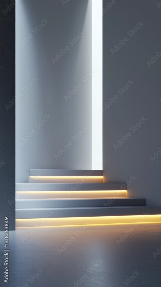 Poster modern interior steps with illumination, neutral tones, minimalist architecture, creating a serene a