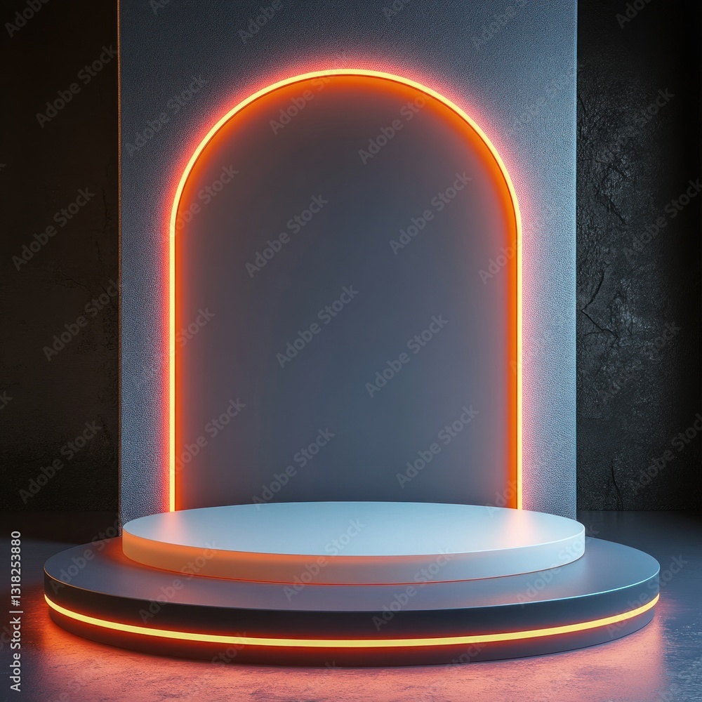 Poster contemporary studio setup illuminating a minimalistic platform and geometric arch with luminous neon
