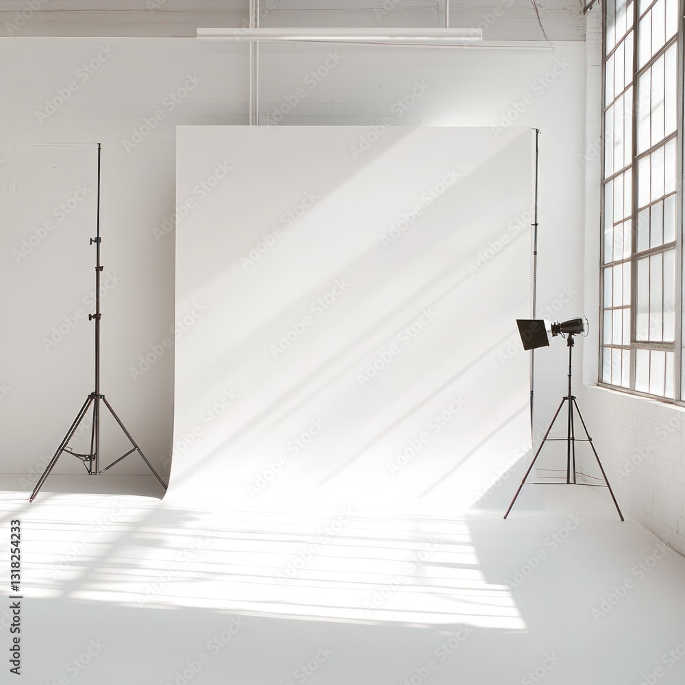 Aufkleber Bright Professional Photo Studio Interior with Lights Stands Backdrop and Natural Light Creating a Clean Visual Setting