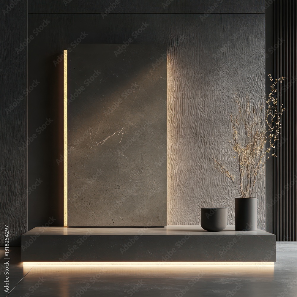 Poster modern interior with black vases and illuminated panel a blend of texture color and light