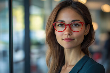 Woman with red glasses reading a book on a park bench surrounded by colorful autumn leaves.