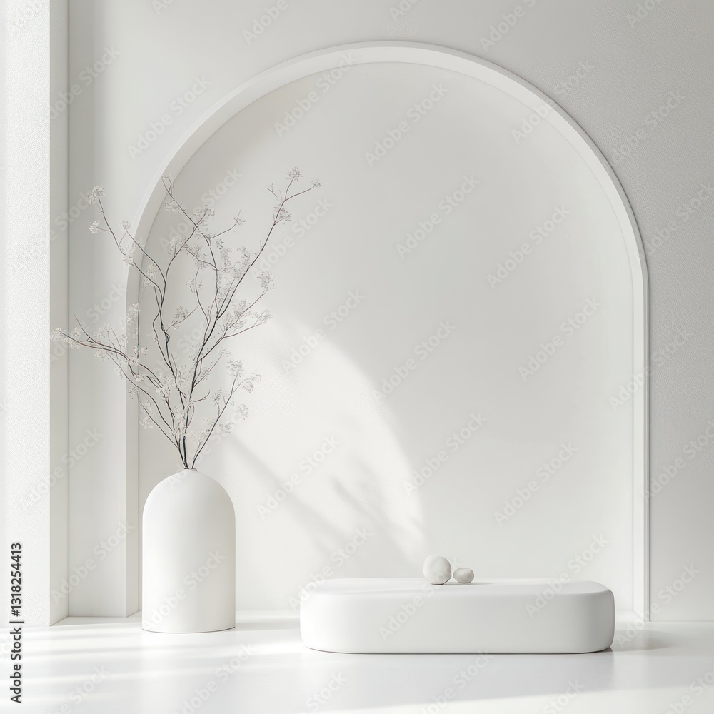 Poster serene white interior backdrop with curved arch vase and soft light evoking minimalist aesthetic and