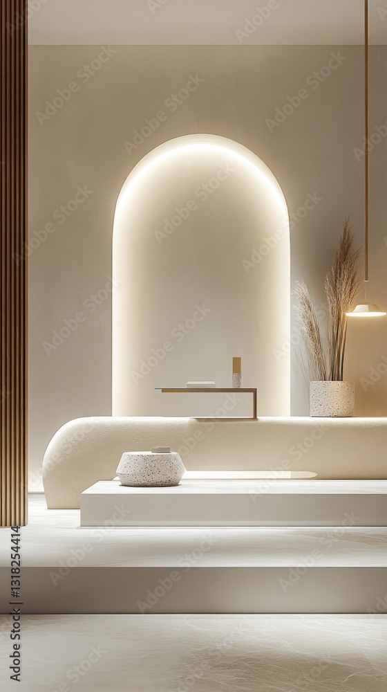 Aufkleber elegant minimalism studio setup with arched walls platform and potted pampas grass vertical view