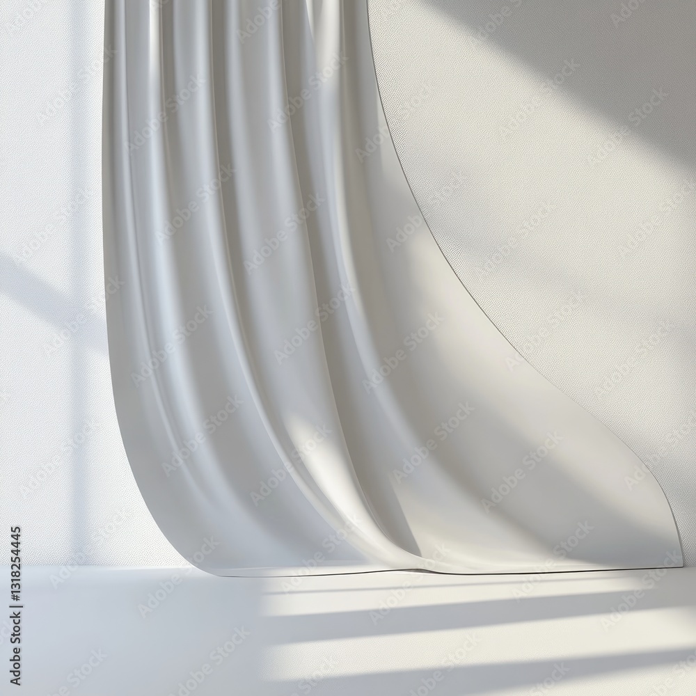 Poster elegant white curtain illuminated by sun casting shadows creating soft light background and clean in