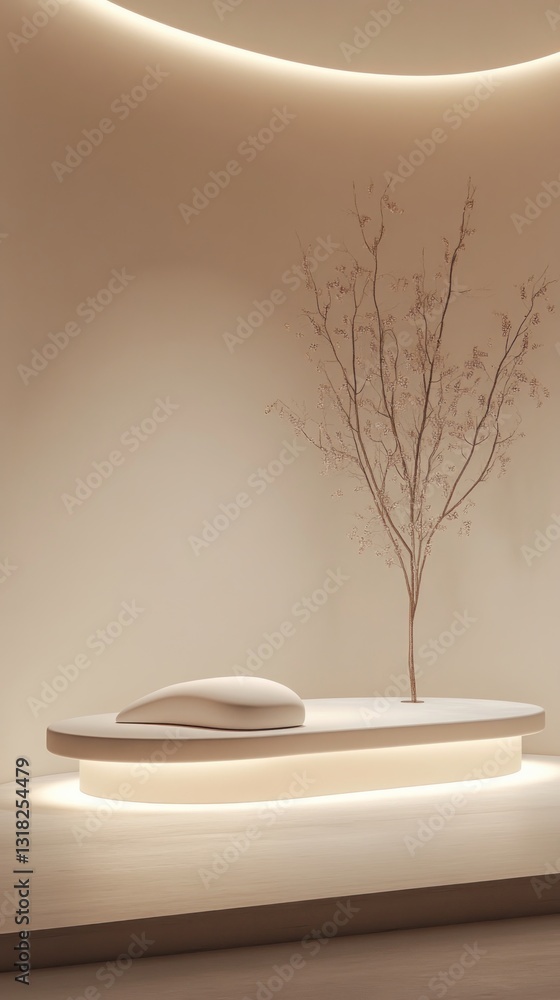 Aufkleber Serene studio setup with ambient lighting casting a soft glow on the neutral minimalist design and slender tree branch