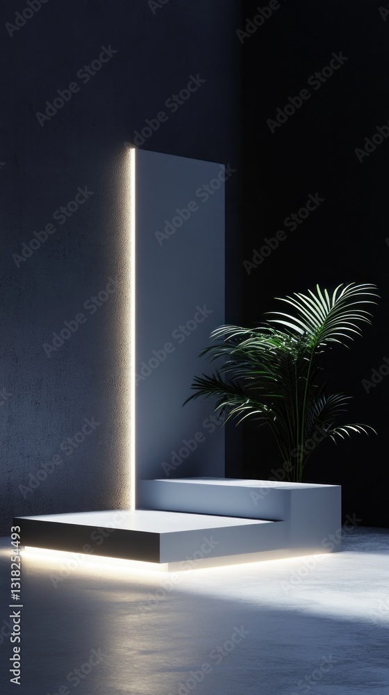 Aufkleber minimalist interior scene featuring modern platform illuminated by led light in an abstract setting