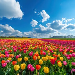 Vibrant tulip blooming event flower field nature photography bright sky wide angle seasonal beauty