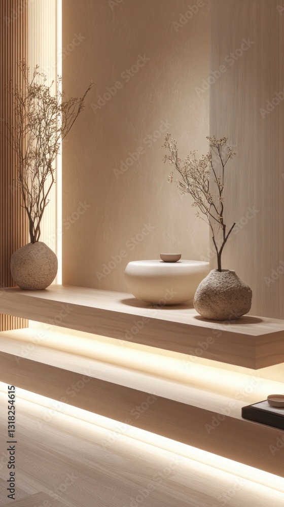Poster serene composition of textured stone vases holding delicate branches on minimalist shelf with warm l