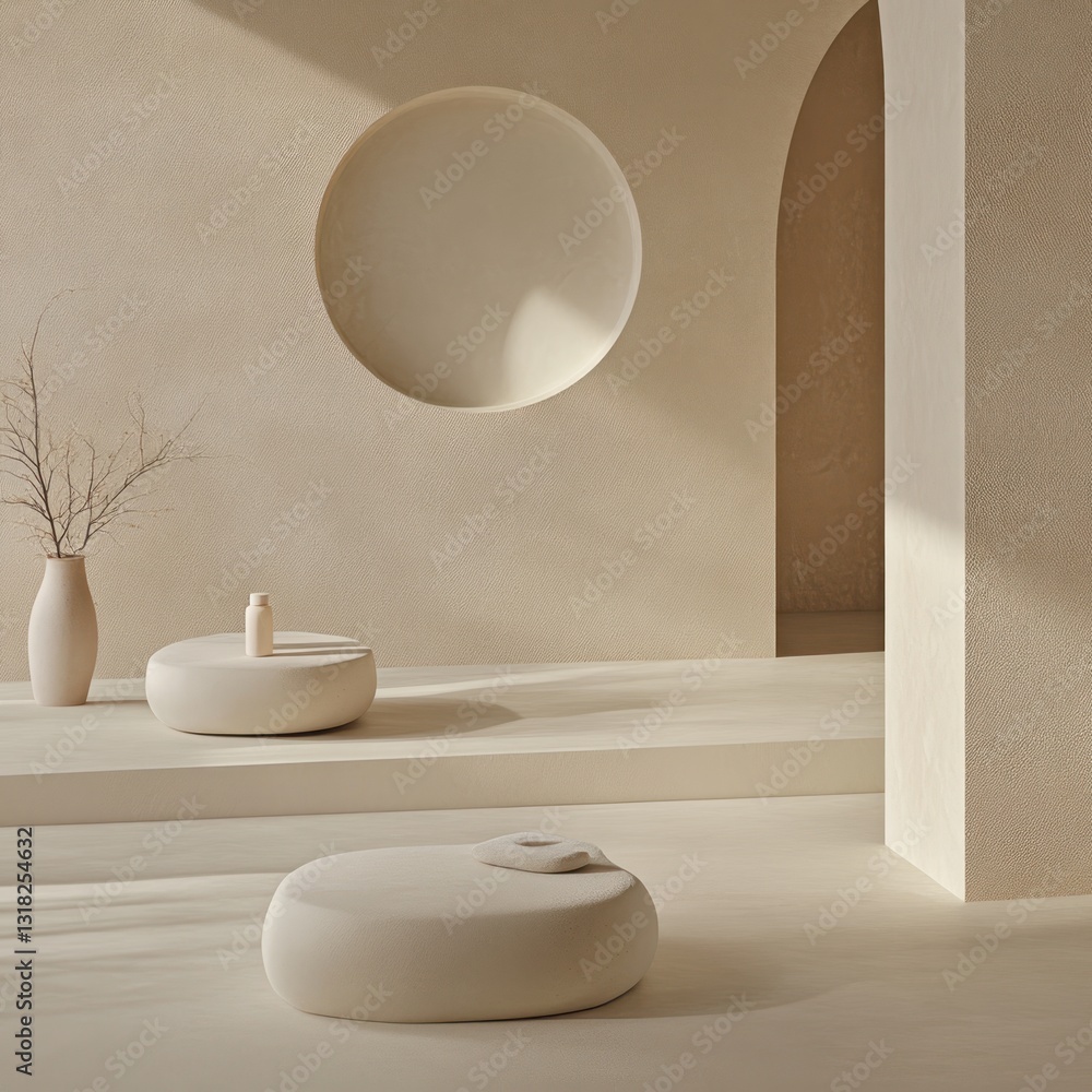 Aufkleber elegant studio scene with round shape architecture beige tones vase and light natural soft light moo