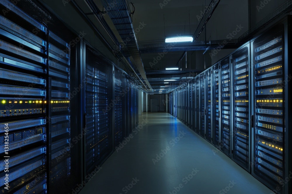 Poster data center corridor with rows of servers illuminated by artificial lighting in modern facility