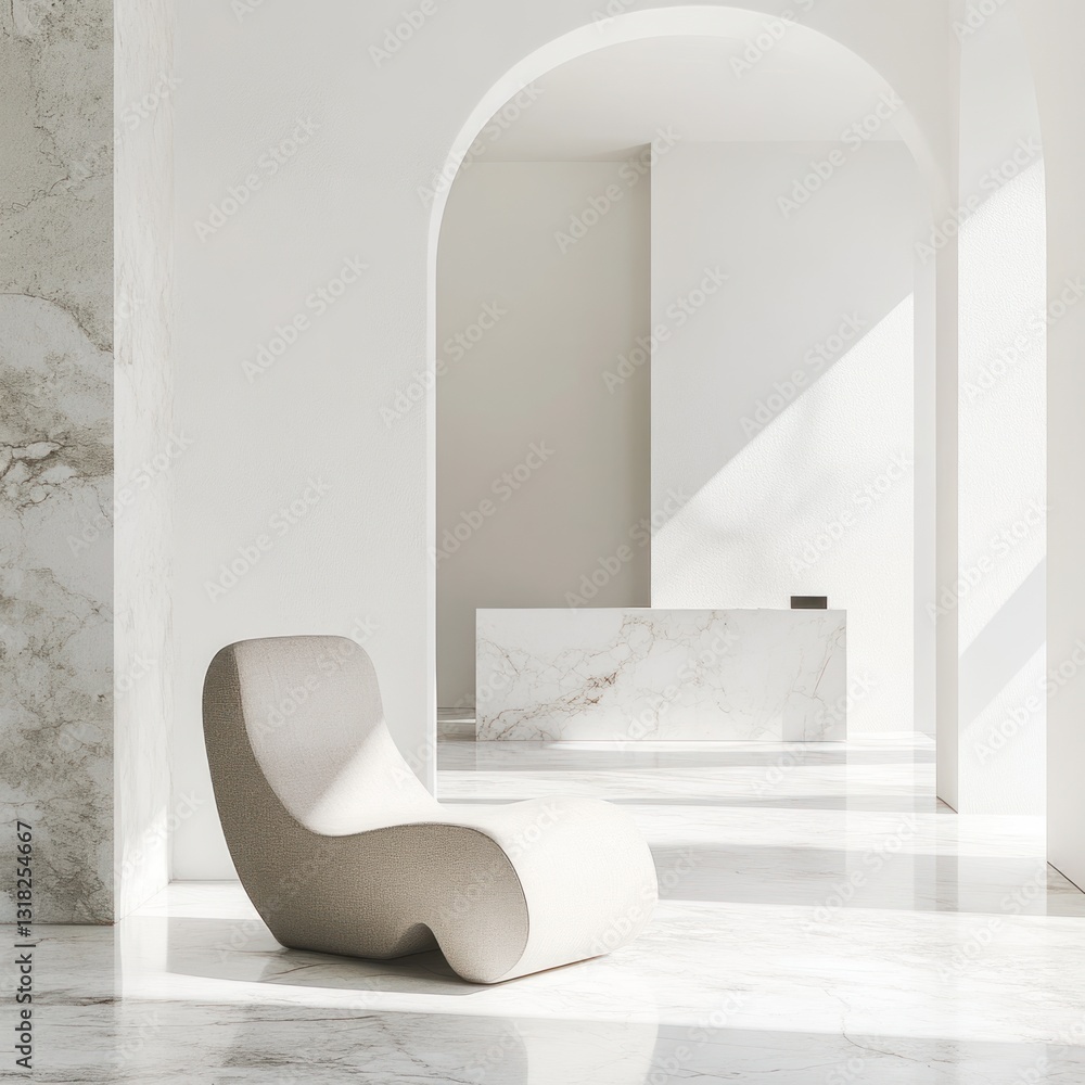 Poster elegant marble reception desk within an arched white hall creating a serene ambiance soft lighting a